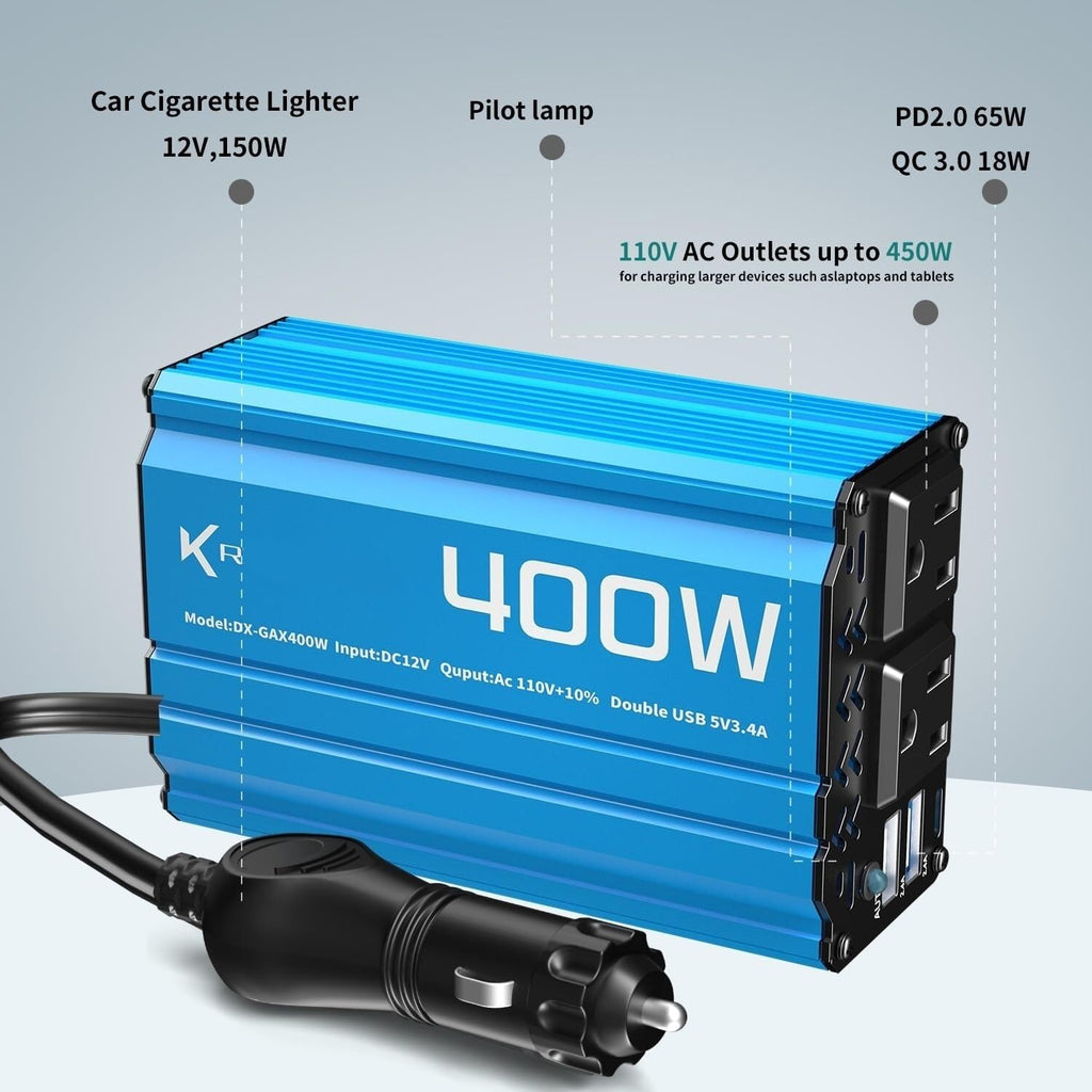 400W Car Power Inverter 12V DC to AC with USB Ports